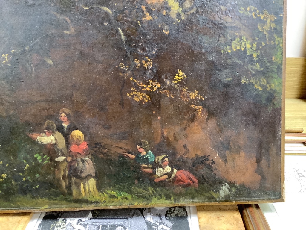 Victorian School, oil on canvas, Figures picking fruit in a landscape, indistinct label verso, 48 x 65cm, unframed